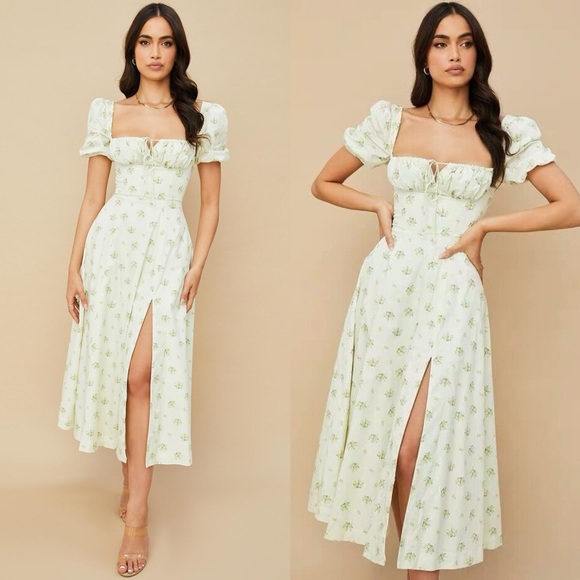 HOUSE OF CB 'Tallulah' Ivory Floral Puff Sleeve Midi Dress - Picture 2 of 9